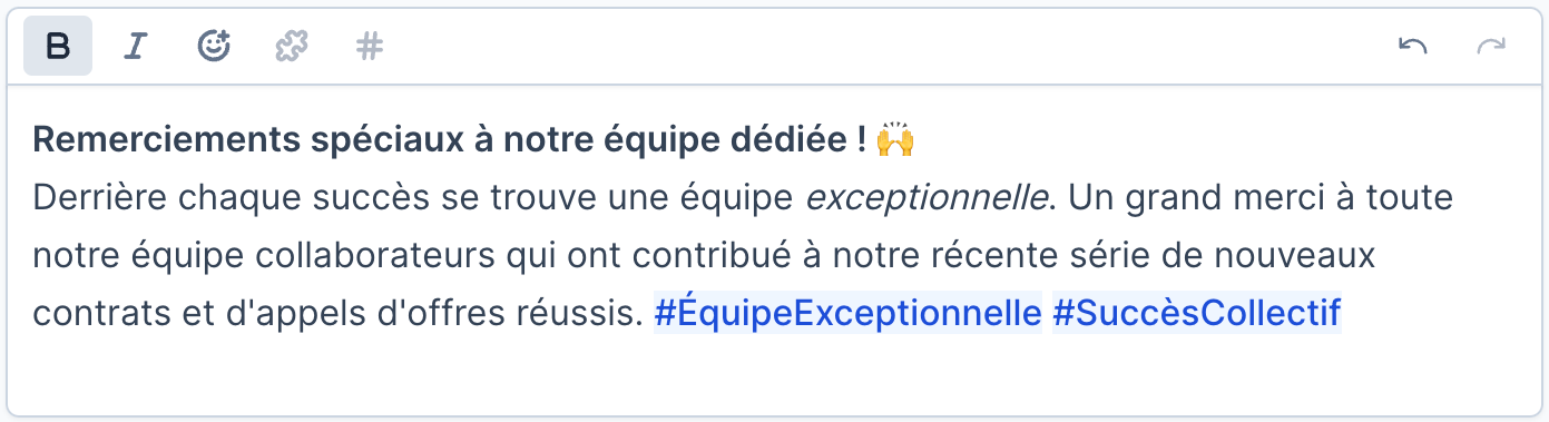 L'éditeur Geckosocial permet de facilement formatter son texte en gras ou italique, et d'insérer des éléments comme des emojis.